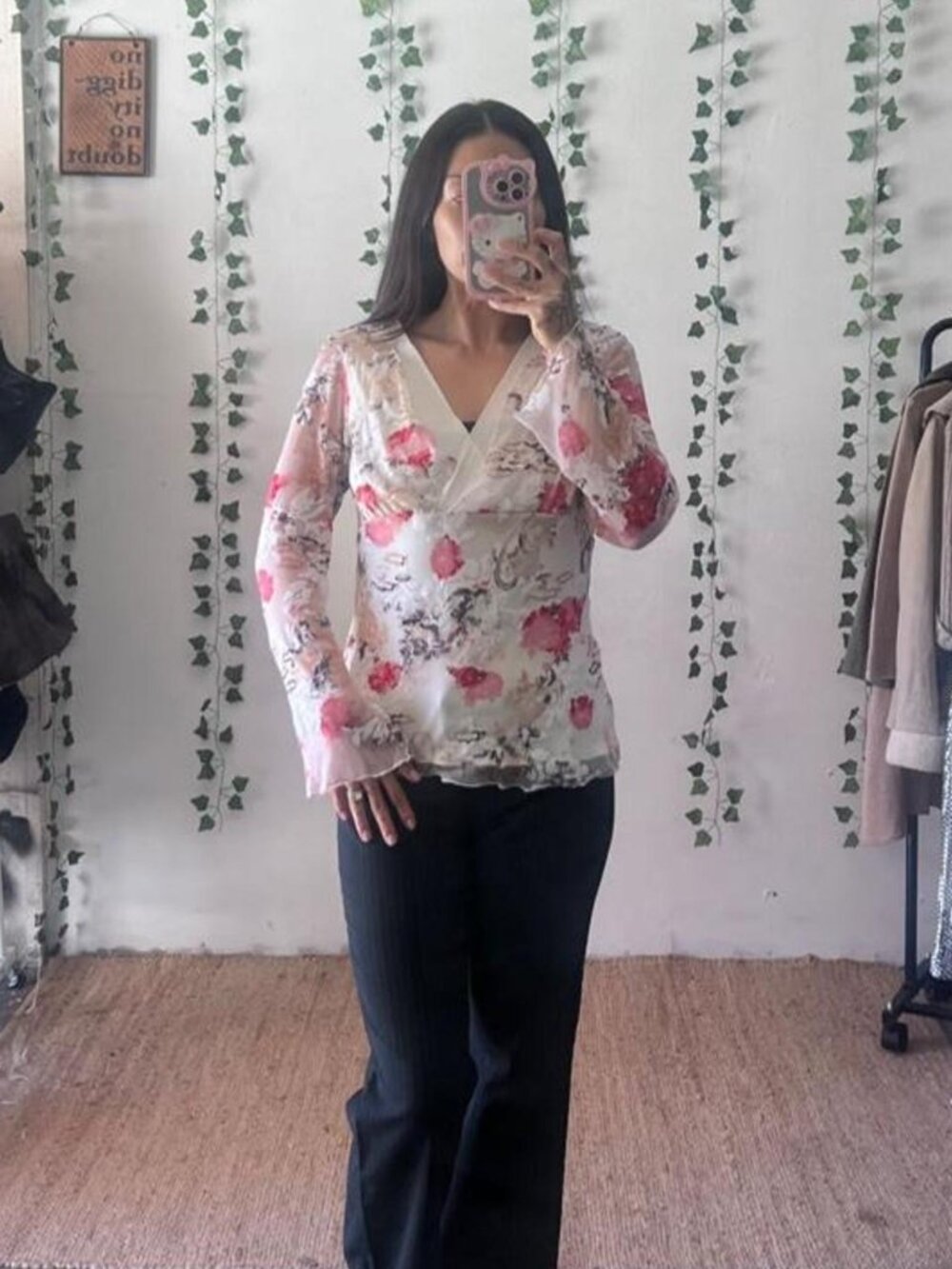 Vintage Y2K Wrapper sheer floral and dragon print bell sleeve top size L